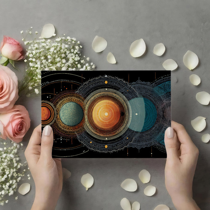 Galactic Alignment Mandala Mural Wallpaper | Monochromatic Celestial Orbits, Intricate Detail, High-Tech Folk Art