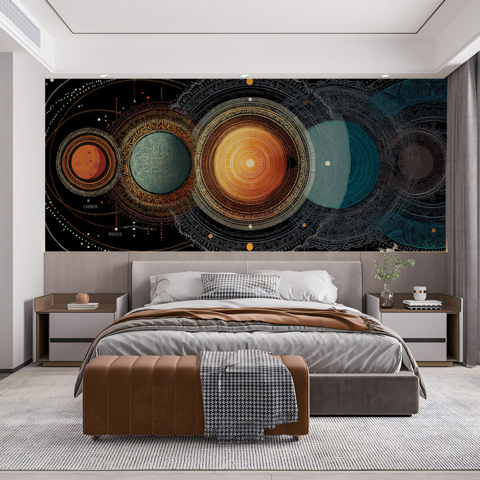 Galactic Alignment Mandala Mural Wallpaper | Monochromatic Celestial Orbits, Intricate Detail, High-Tech Folk Art
