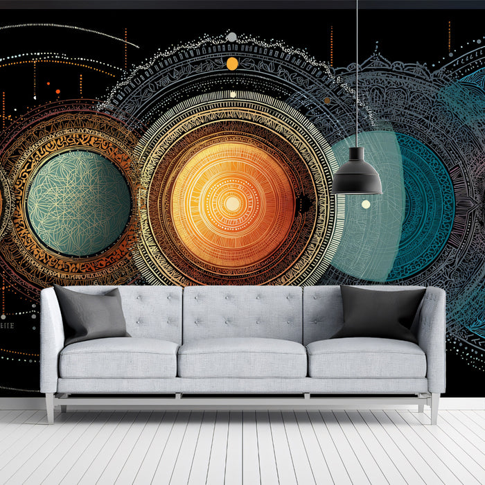 Galactic Alignment Mandala Mural Wallpaper | Monochromatic Celestial Orbits, Intricate Detail, High-Tech Folk Art