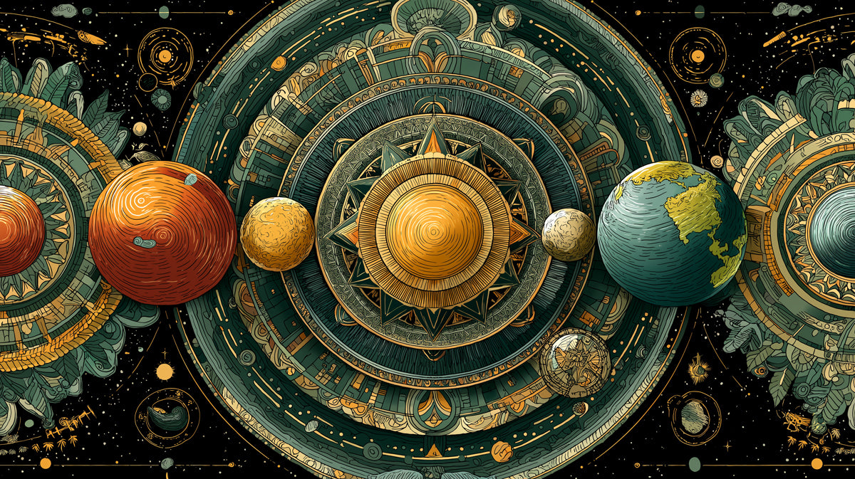 Geocentric Cosmic Map Mural Wallpaper | Mythological Planet Alignment, Teal and Gold Dominant, Dense Pattern