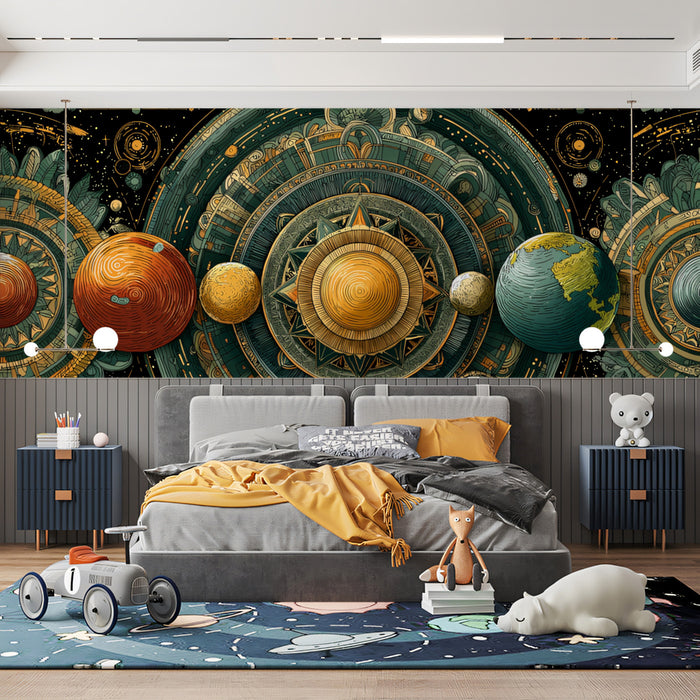 Geocentric Cosmic Map Mural Wallpaper | Mythological Planet Alignment, Teal and Gold Dominant, Dense Pattern