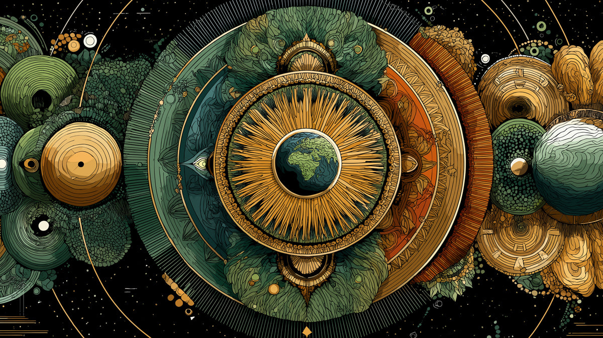 Cosmic Balance Mandala Mural Wallpaper | Central Earth Focus, Green and Gold Symmetry, Earth-Toned Art