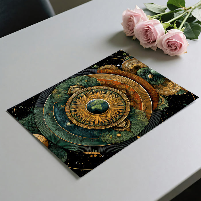 Cosmic Balance Mandala Mural Wallpaper | Central Earth Focus, Green and Gold Symmetry, Earth-Toned Art