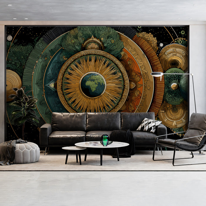 Cosmic Balance Mandala Mural Wallpaper | Central Earth Focus, Green and Gold Symmetry, Earth-Toned Art