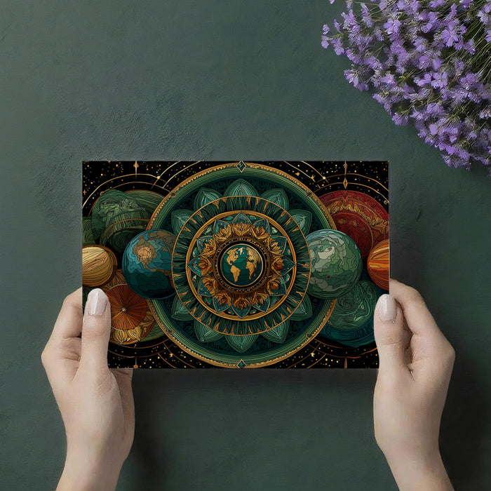 Green and Gold Celestial Mandala Mural Wallpaper | Earth Focus, Lush Cosmic Geometry, Spiritual Art