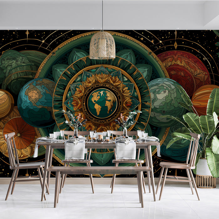 Green and Gold Celestial Mandala Mural Wallpaper | Earth Focus, Lush Cosmic Geometry, Spiritual Art