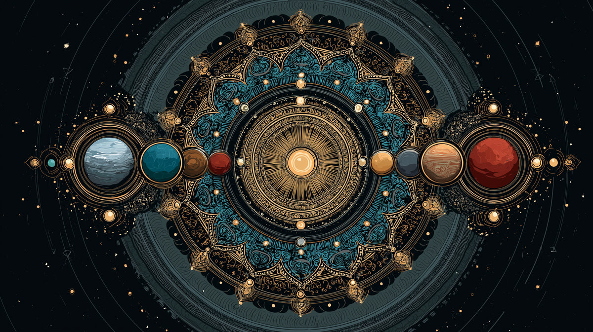 Planetary Alignment Mandala Mural Wallpaper | Solar System Focus, Teal and Gold Symmetry, Intricate Detail