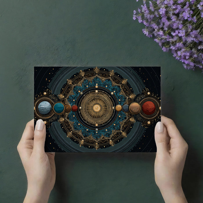 Planetary Alignment Mandala Mural Wallpaper | Solar System Focus, Teal and Gold Symmetry, Intricate Detail