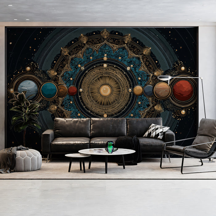 Planetary Alignment Mandala Mural Wallpaper | Solar System Focus, Teal and Gold Symmetry, Intricate Detail