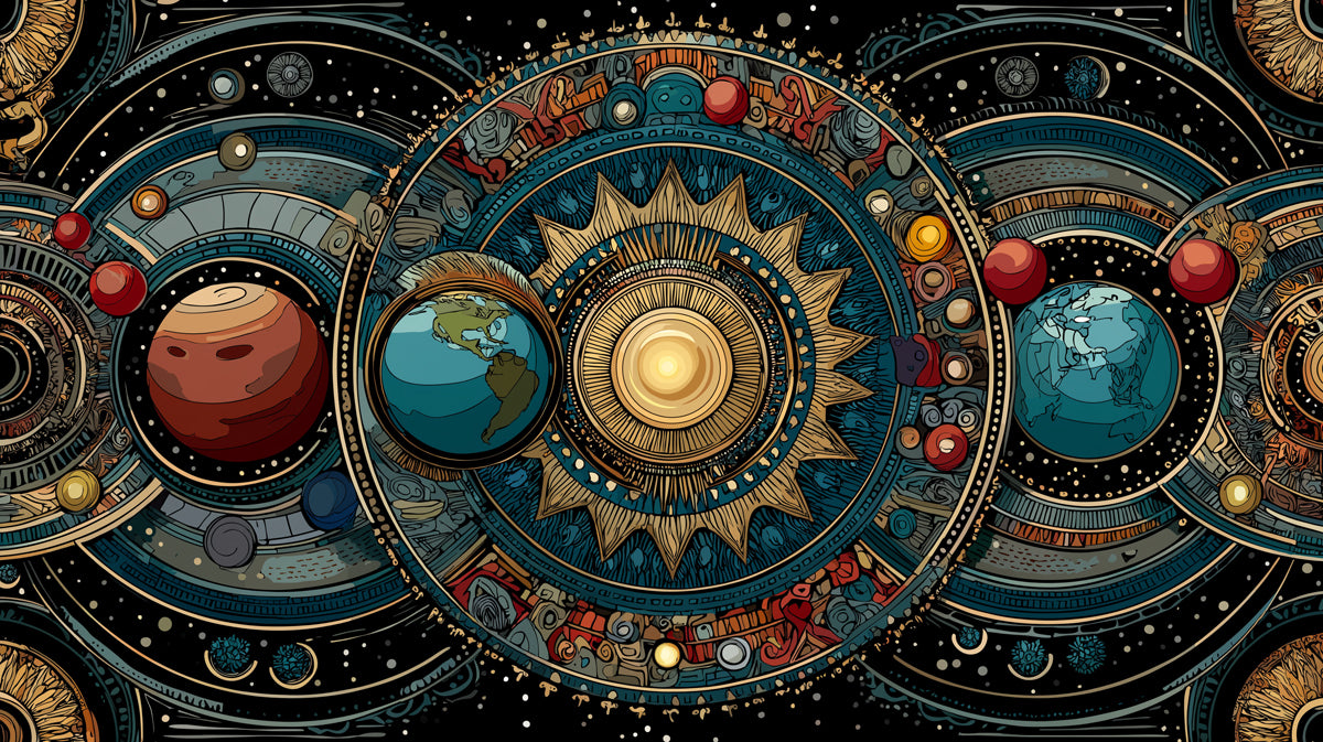 Geocentric Cosmic Map Mural Wallpaper | Earth and Mars Focus, Gold and Teal Mechanical Rings, Sci-Fi Fusion
