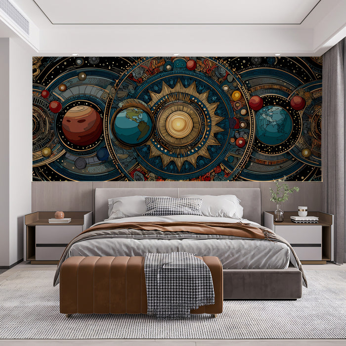 Geocentric Cosmic Map Mural Wallpaper | Earth and Mars Focus, Gold and Teal Mechanical Rings, Sci-Fi Fusion