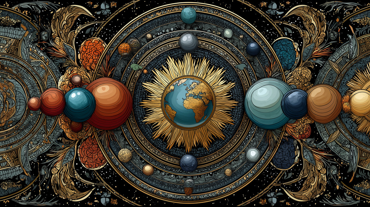 Earth-Centered Celestial Mural Wallpaper | Sunburst Motif, Gold and Teal Dominant, Rich Ornamentation