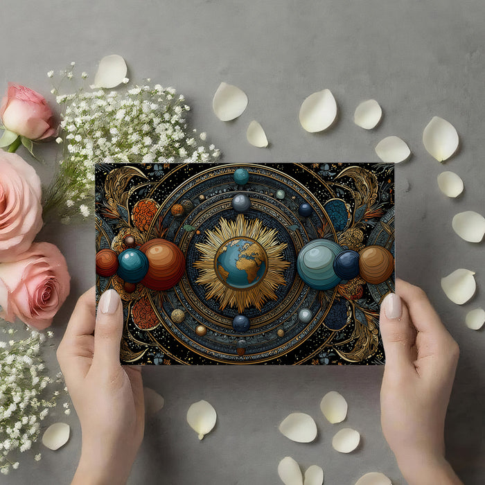 Earth-Centered Celestial Mural Wallpaper | Sunburst Motif, Gold and Teal Dominant, Rich Ornamentation