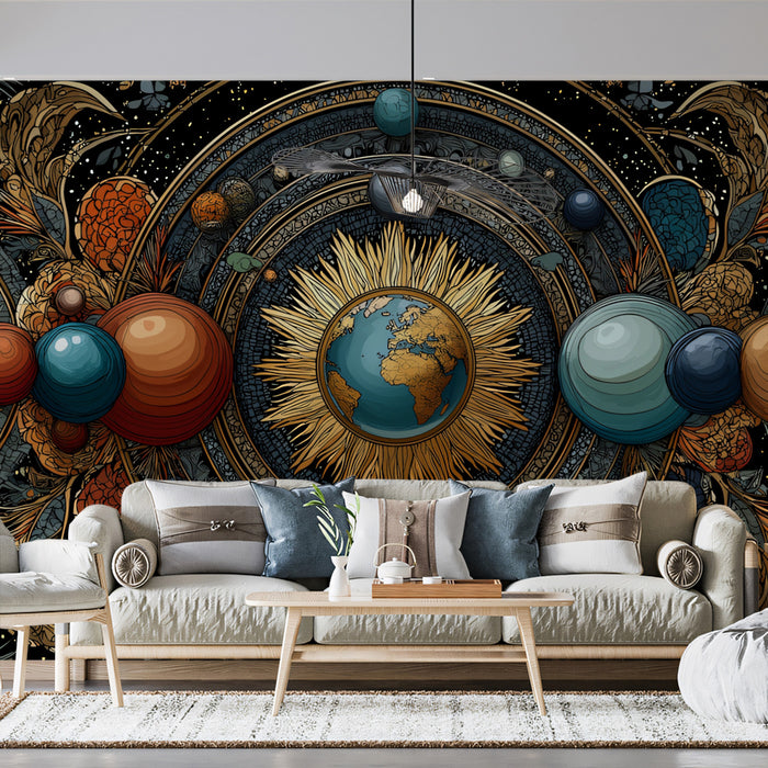 Earth-Centered Celestial Mural Wallpaper | Sunburst Motif, Gold and Teal Dominant, Rich Ornamentation