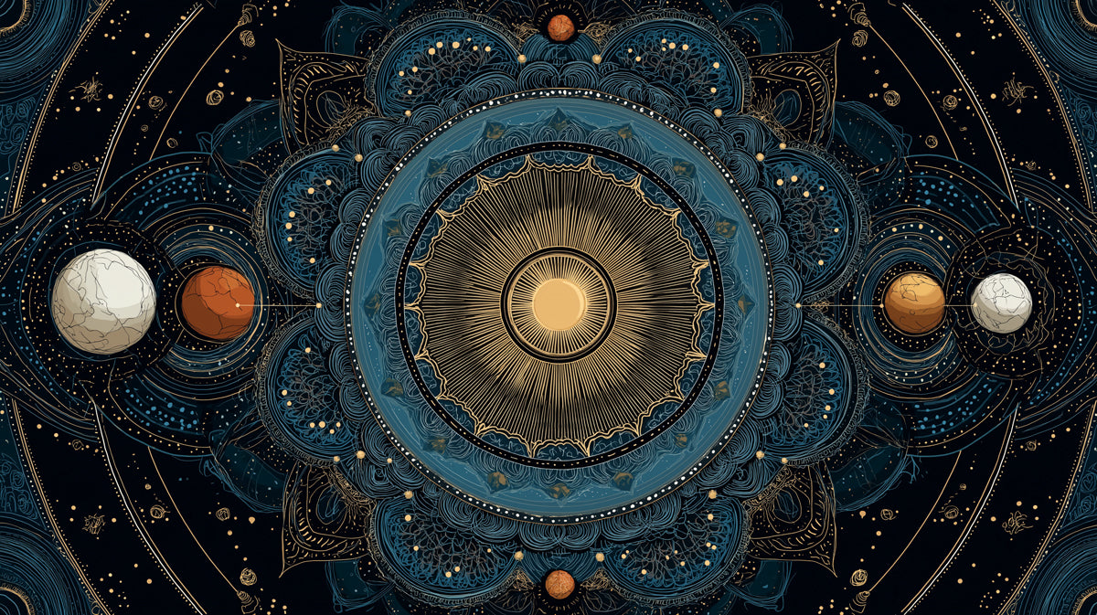 Sun Mandala Planetary Mural Wallpaper | Dark Navy and Gold, Orbital Symmetry, Cosmic Floral Design