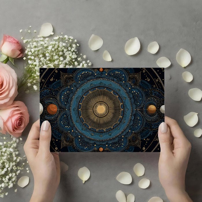 Sun Mandala Planetary Mural Wallpaper | Dark Navy and Gold, Orbital Symmetry, Cosmic Floral Design