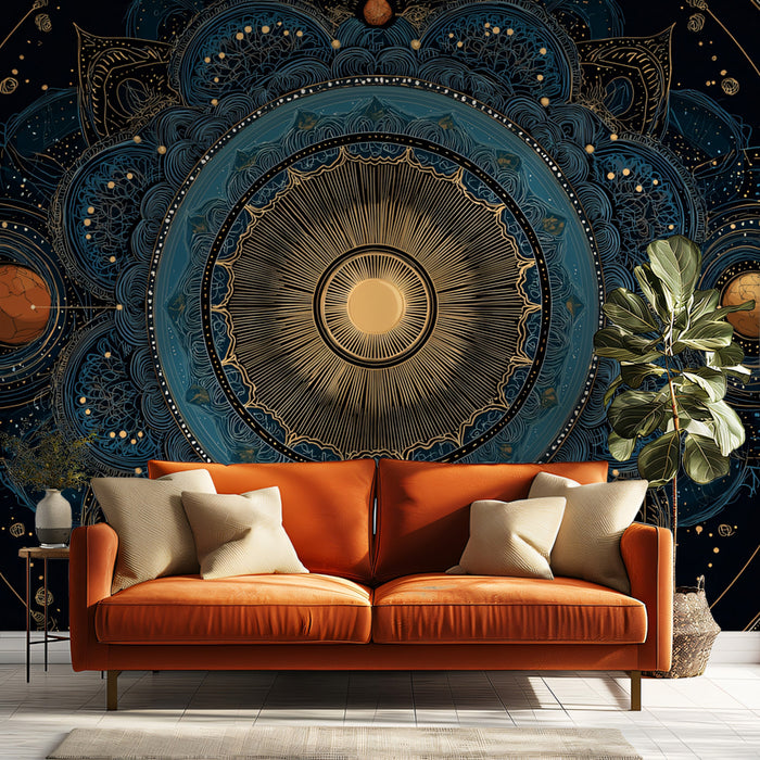 Sun Mandala Planetary Mural Wallpaper | Dark Navy and Gold, Orbital Symmetry, Cosmic Floral Design