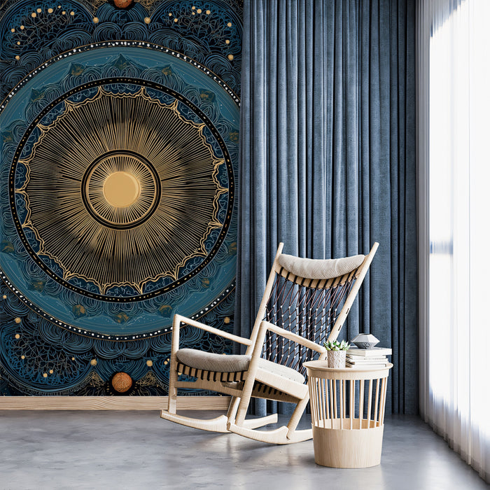 Sun Mandala Planetary Mural Wallpaper | Dark Navy and Gold, Orbital Symmetry, Cosmic Floral Design