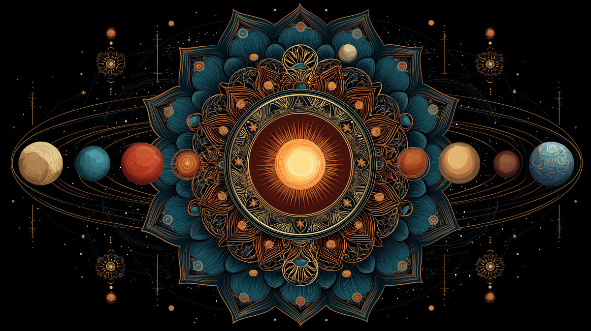 Lotus Solar System Mandala Mural Wallpaper | Teal and Gold Symmetery, Planetary Orbits, Spiritual Astronomy