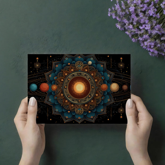 Lotus Solar System Mandala Mural Wallpaper | Teal and Gold Symmetery, Planetary Orbits, Spiritual Astronomy