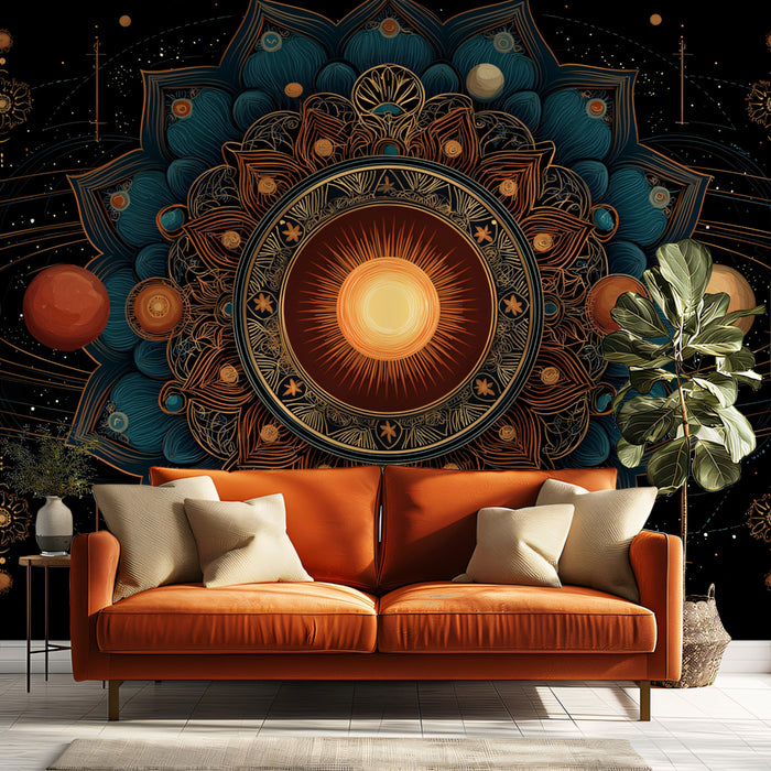 Lotus Solar System Mandala Mural Wallpaper | Teal and Gold Symmetery, Planetary Orbits, Spiritual Astronomy