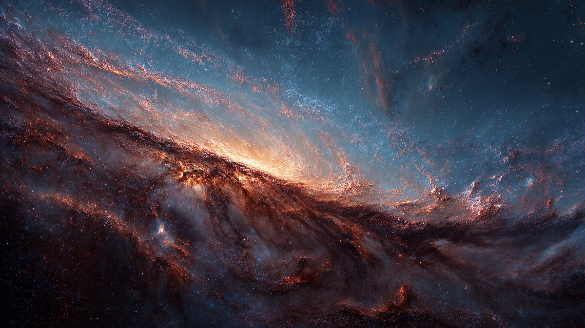 Angled Galactic Dust Disk Mural Wallpaper | Dark and Fiery Nebula, Dramatic Horizon, Cosmic Swirl