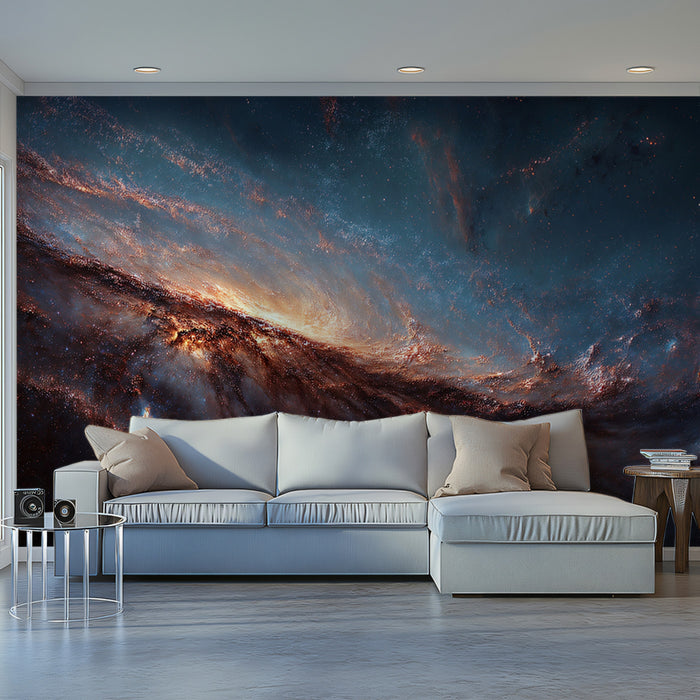 Angled Galactic Dust Disk Mural Wallpaper | Dark and Fiery Nebula, Dramatic Horizon, Cosmic Swirl