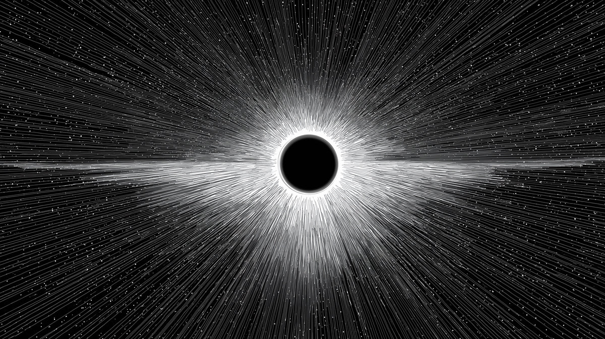 Digital Black Hole Light Burst Mural Wallpaper | Monochrome Science Art, Vector Style, Extreme Contrast