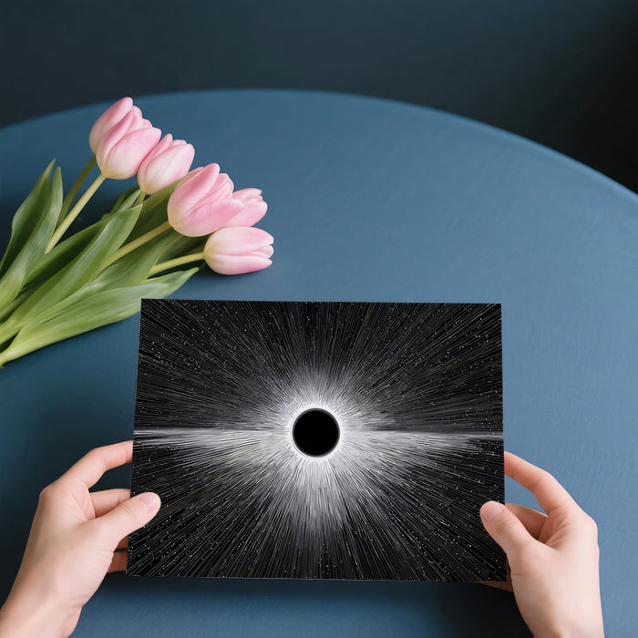 Digital Black Hole Light Burst Mural Wallpaper | Monochrome Science Art, Vector Style, Extreme Contrast