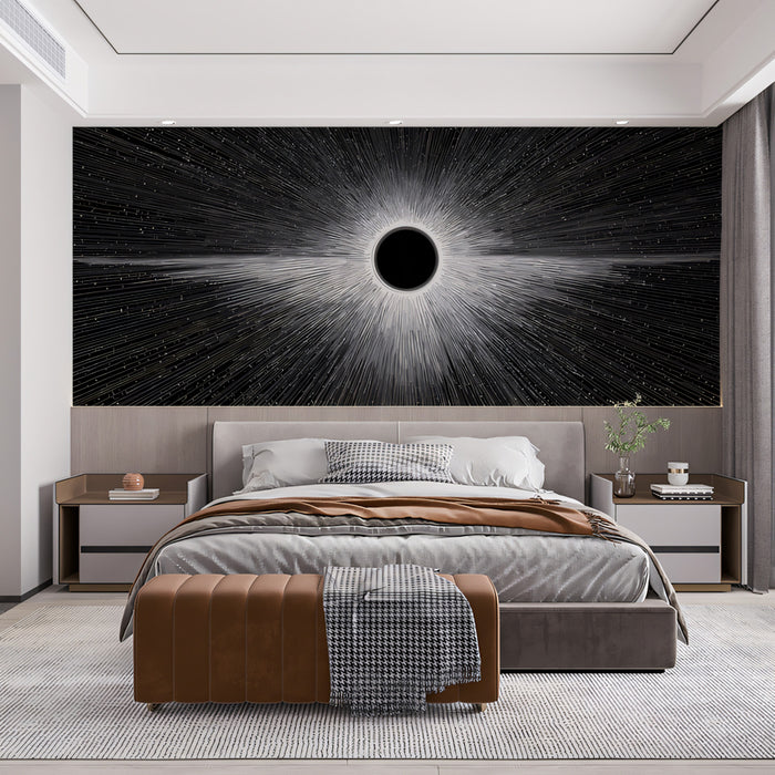 Digital Black Hole Light Burst Mural Wallpaper | Monochrome Science Art, Vector Style, Extreme Contrast