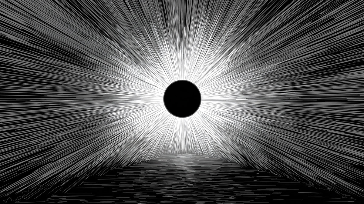 Solar Eclipse Light Burst Mural Wallpaper | Monochrome Graphic, Foreground Reflection, Dramatic Black/White