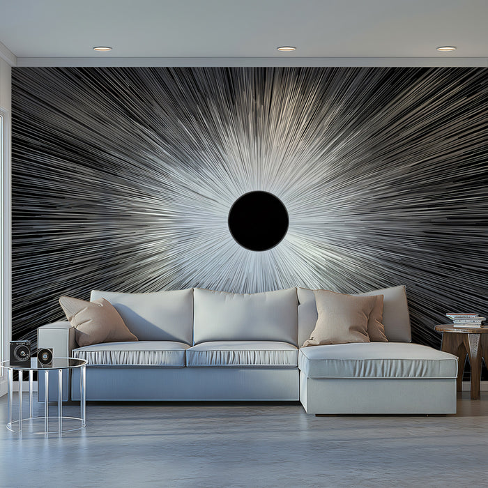 Solar Eclipse Light Burst Mural Wallpaper | Monochrome Graphic, Foreground Reflection, Dramatic Black/White