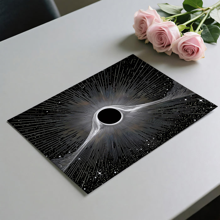 Extreme Gravity Black Hole Illustration Mural | Cosmic Distortion, Engraved Starlight, Monochrome