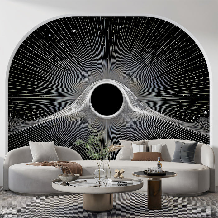 Extreme Gravity Black Hole Illustration Mural | Cosmic Distortion, Engraved Starlight, Monochrome