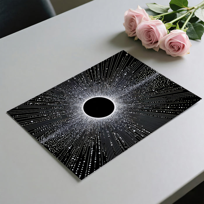 Concentric Light Burst Black Hole Mural | Particle Field, Radial Data Flow, High-Contrast Abstract