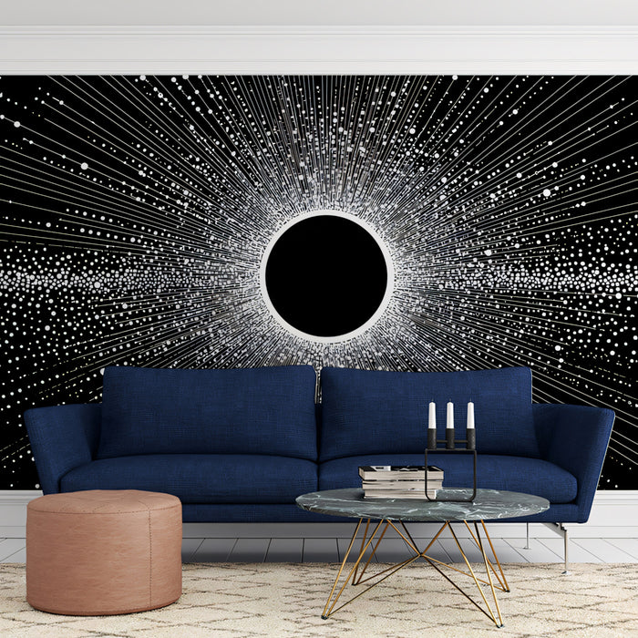 Concentric Light Burst Black Hole Mural | Particle Field, Radial Data Flow, High-Contrast Abstract