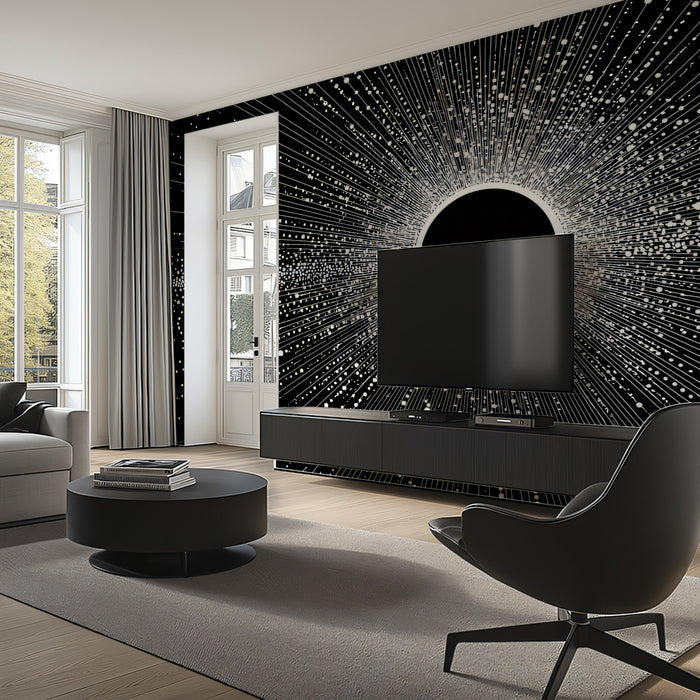 Concentric Light Burst Black Hole Mural | Particle Field, Radial Data Flow, High-Contrast Abstract
