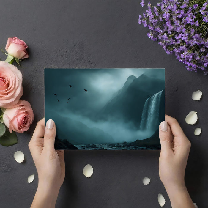 Moody Waterfall Valley Mural Wallpaper | Cinematic Atmosphere, Misty Blue-Gray Tones, Dark Landscape