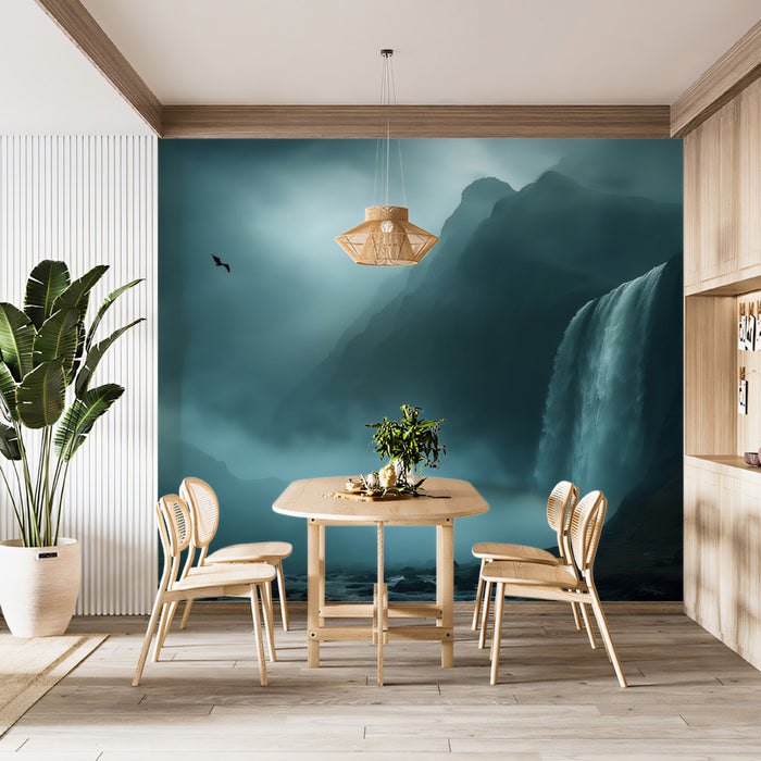 Moody Waterfall Valley Mural Wallpaper | Cinematic Atmosphere, Misty Blue-Gray Tones, Dark Landscape