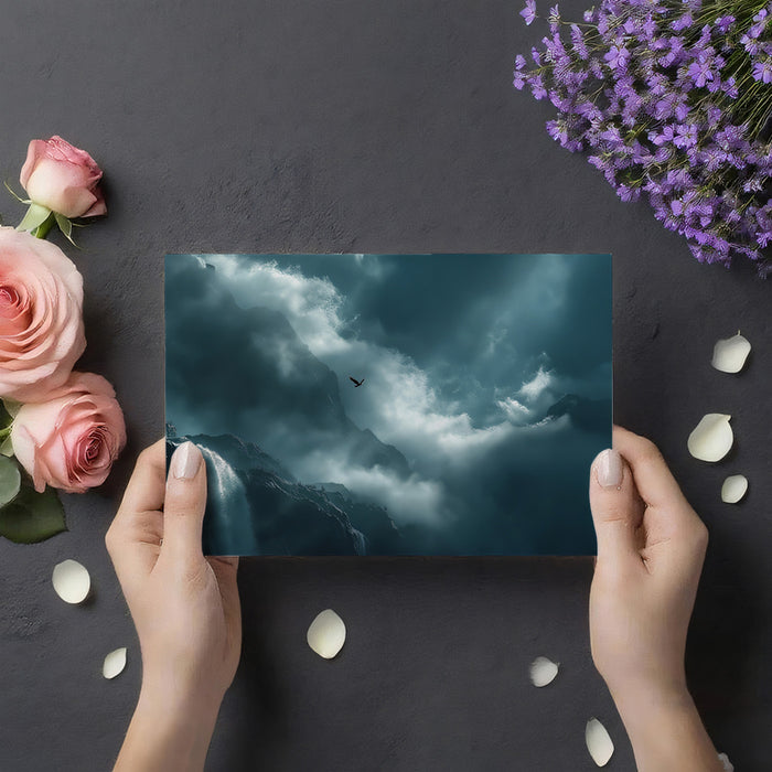 Ethereal Mountain Waterfall and Cloud Mural Wallpaper | Dark Teal Hues, Solo Bird, Vertical Perspective