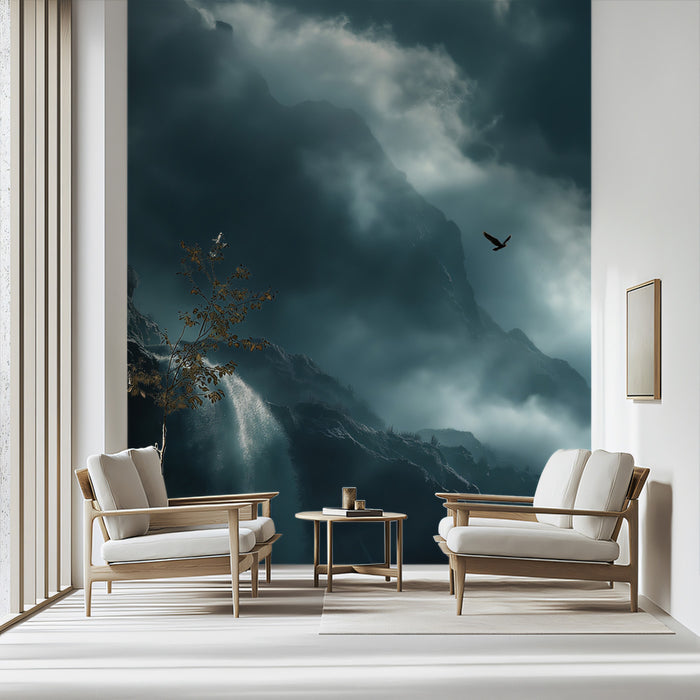 Ethereal Mountain Waterfall and Cloud Mural Wallpaper | Dark Teal Hues, Solo Bird, Vertical Perspective