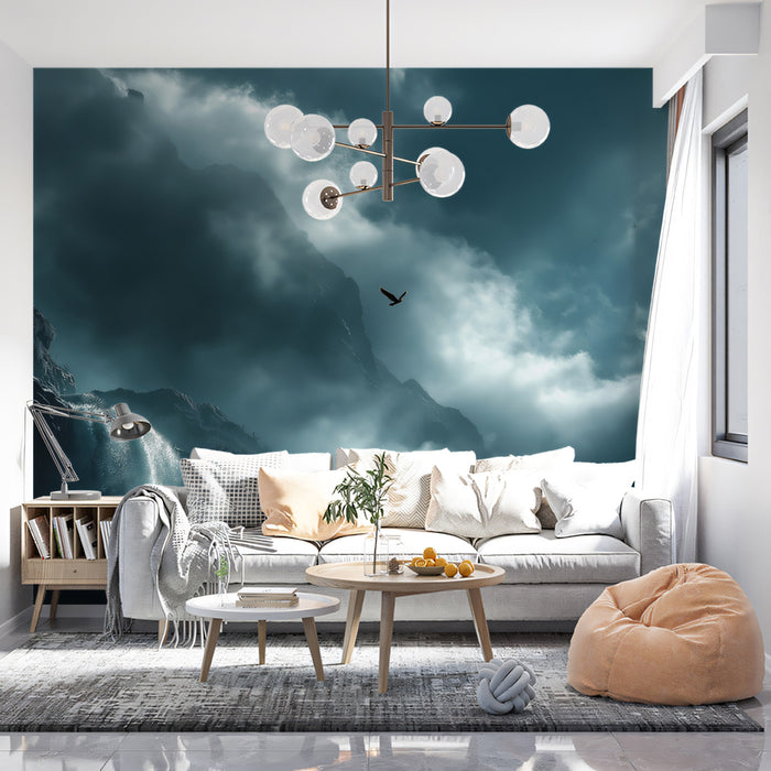 Ethereal Mountain Waterfall and Cloud Mural Wallpaper | Dark Teal Hues, Solo Bird, Vertical Perspective