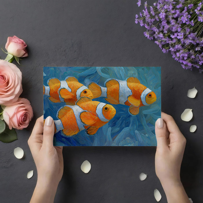 Impasto Clownfish and Blue Anemone Mural Wallpaper | Textured Painting, Focus on Movement, Cool Tones