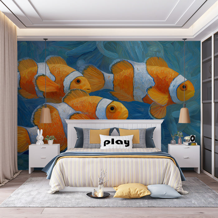 Impasto Clownfish and Blue Anemone Mural Wallpaper | Textured Painting, Focus on Movement, Cool Tones