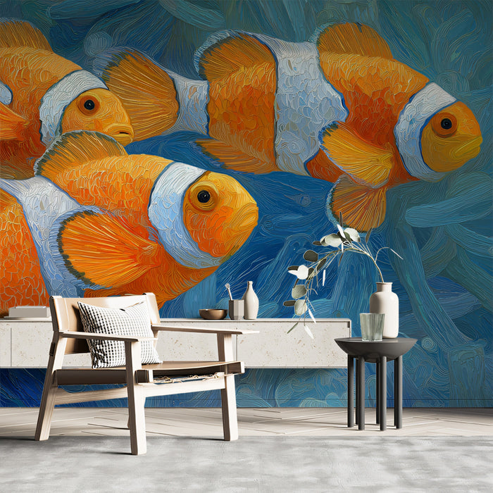 Impasto Clownfish and Blue Anemone Mural Wallpaper | Textured Painting, Focus on Movement, Cool Tones