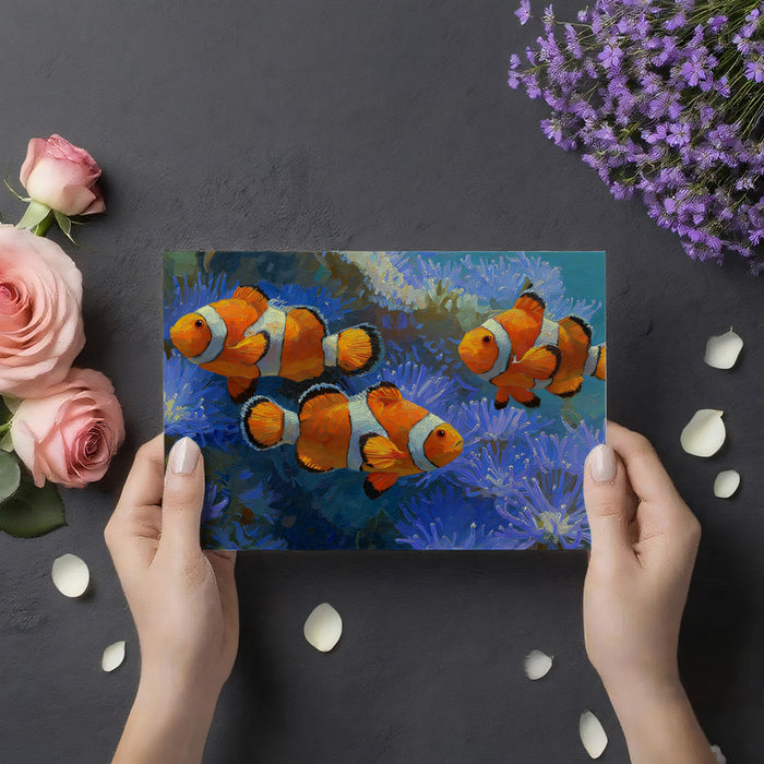 Impressionist Clownfish and Purple Coral Mural Wallpaper | Loose Brushwork, Warm Tones, Underwater Bloom