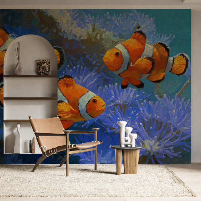 Impressionist Clownfish and Purple Coral Mural Wallpaper | Loose Brushwork, Warm Tones, Underwater Bloom