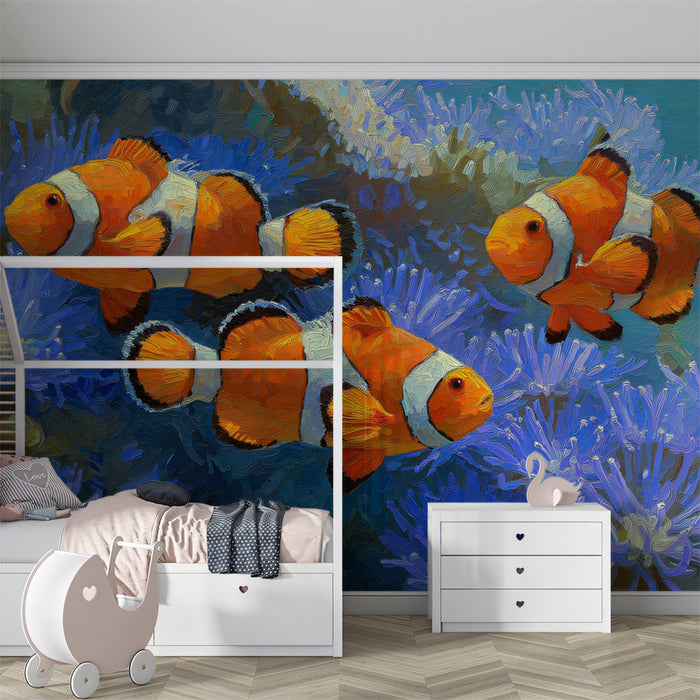 Impressionist Clownfish and Purple Coral Mural Wallpaper | Loose Brushwork, Warm Tones, Underwater Bloom