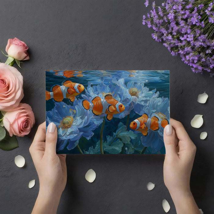 Clownfish in Blue Floral Water Mural Wallpaper | Surreal Underwater Bloom, Bright Light Reflection, Elegant