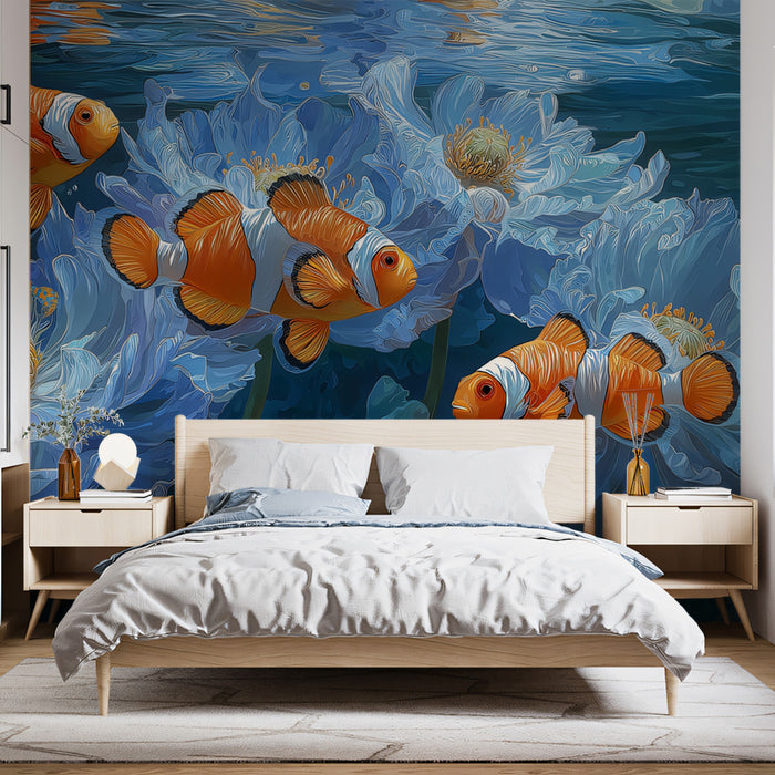 Clownfish in Blue Floral Water Mural Wallpaper | Surreal Underwater Bloom, Bright Light Reflection, Elegant